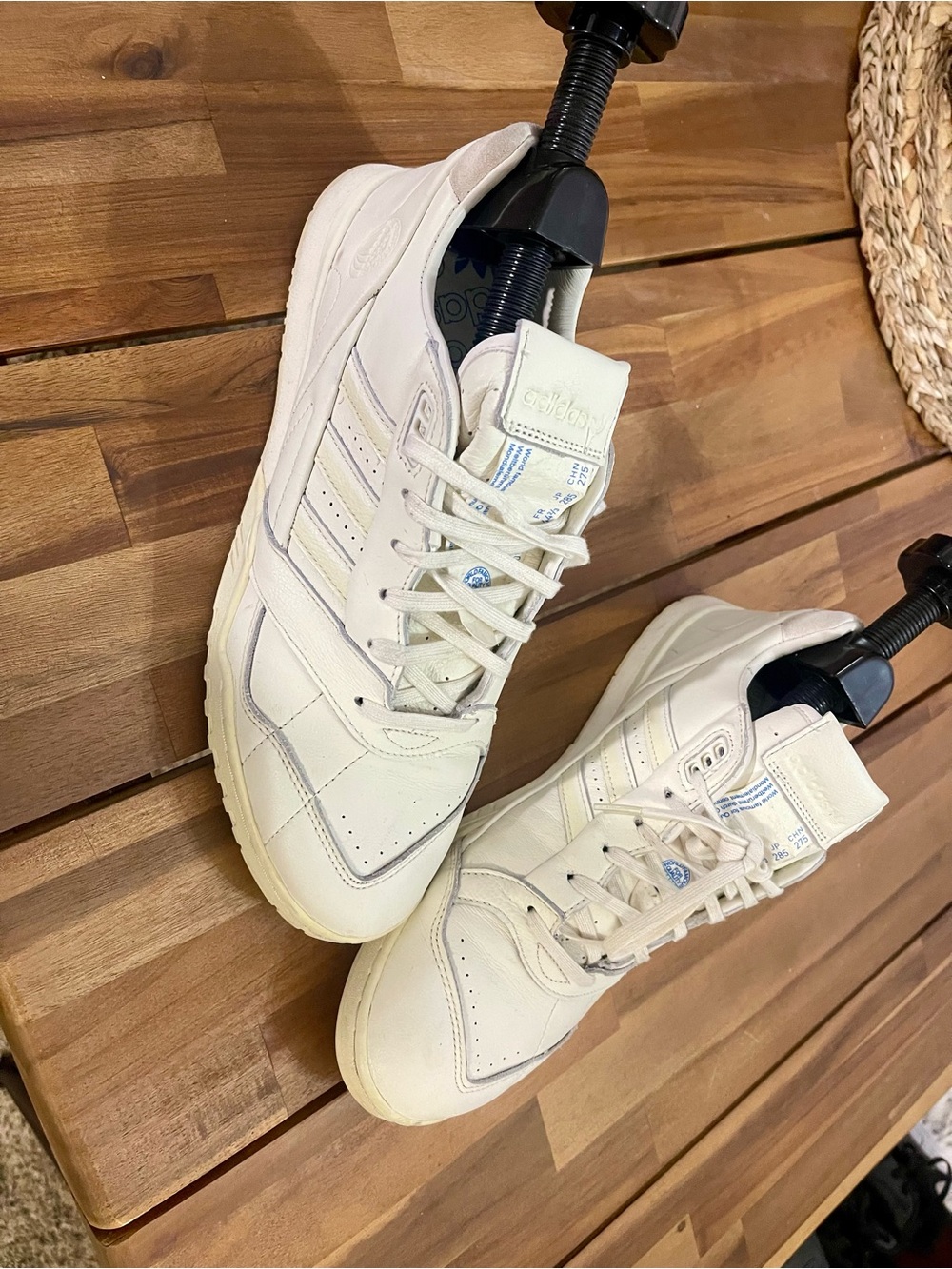 adidas Cream Leather Low-Top Sneakers with Light Blue Details